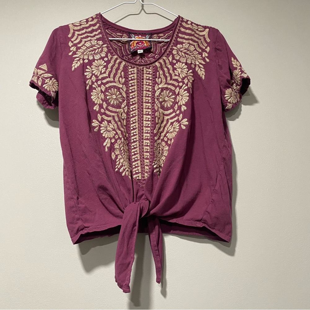 Johnny Was | Rita Knot Tie Tee | Purple Boho Embroidered Top